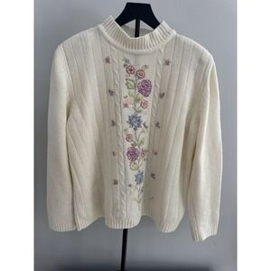 Alfred Dunner Cream Floral Embroidered Cable Knit Sweater Grandma Core Size L